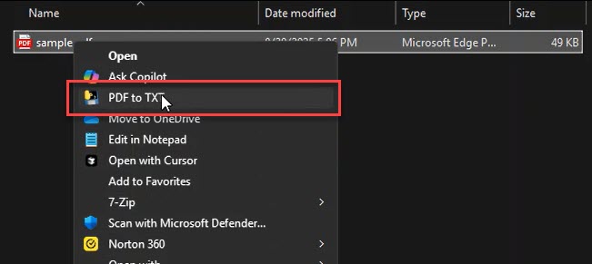 Right-click context menu showing PDF to TXT option